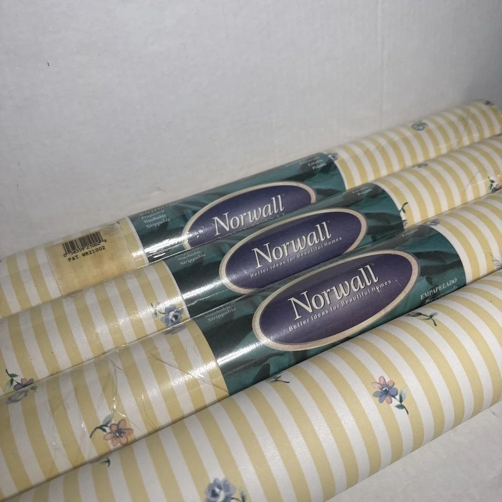 VTG Rolls Vintage Norwall Wallpaper Country Cottage Pastel Yellow Stripe Floral